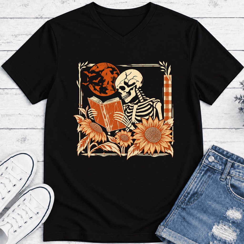Skeleton Reading Sunflowers Ultra-Soft V-Neck | Halloween Book Lover Gift Black