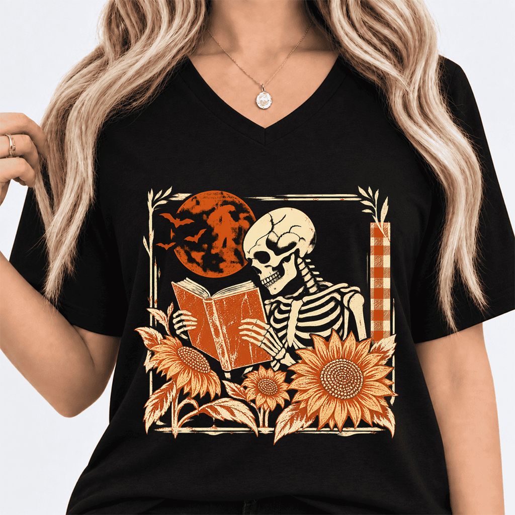 Skeleton Reading Sunflowers Ultra-Soft V-Neck | Halloween Book Lover Gift Black