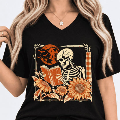 Skeleton Reading Sunflowers Ultra-Soft V-Neck | Halloween Book Lover Gift Black