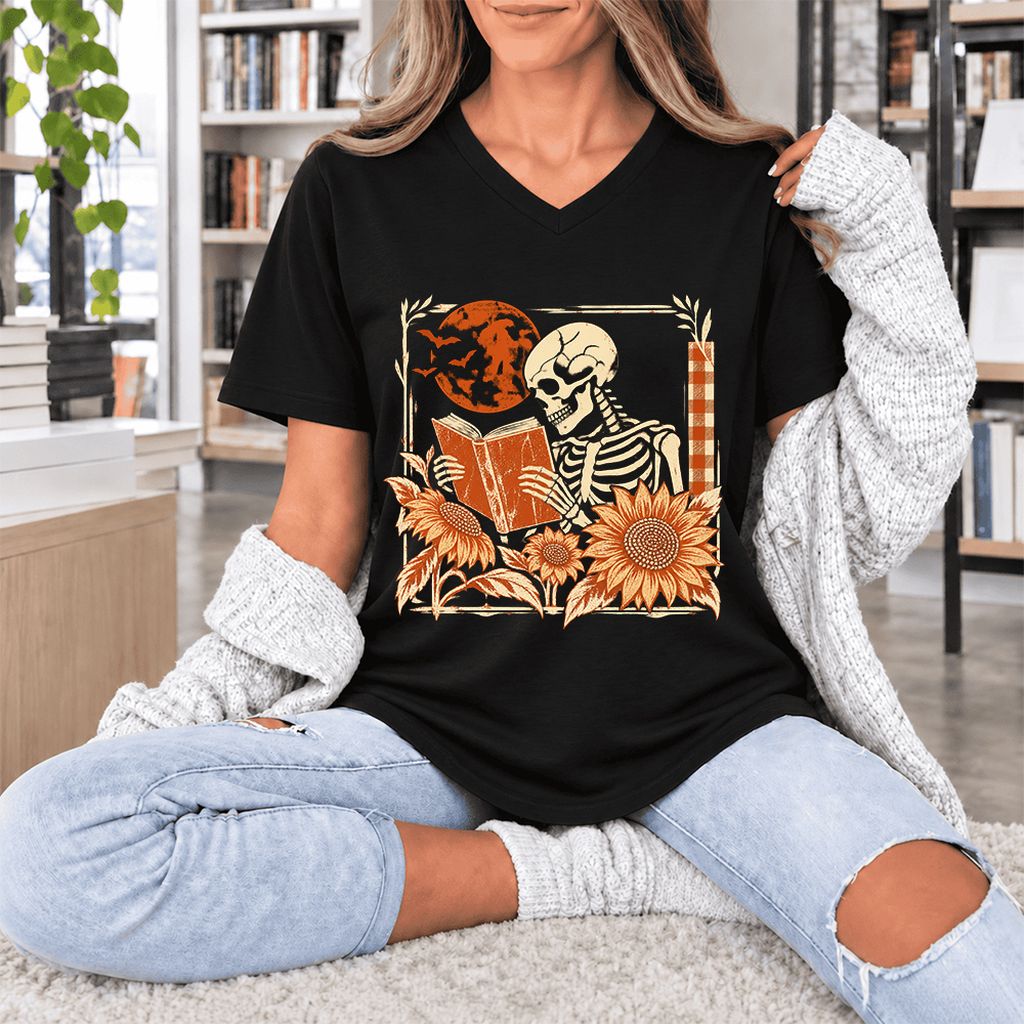 Skeleton Reading Sunflowers Ultra-Soft V-Neck | Halloween Book Lover Gift Black