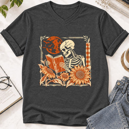 Skeleton Reading Sunflowers Ultra-Soft V-Neck | Halloween Book Lover Gift Dark Grey Heather