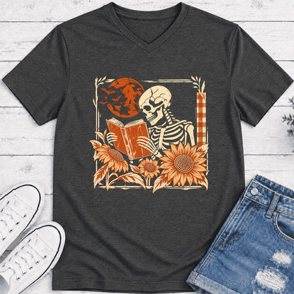 Skeleton Reading Sunflowers Ultra-Soft V-Neck | Halloween Book Lover Gift Dark Grey Heather