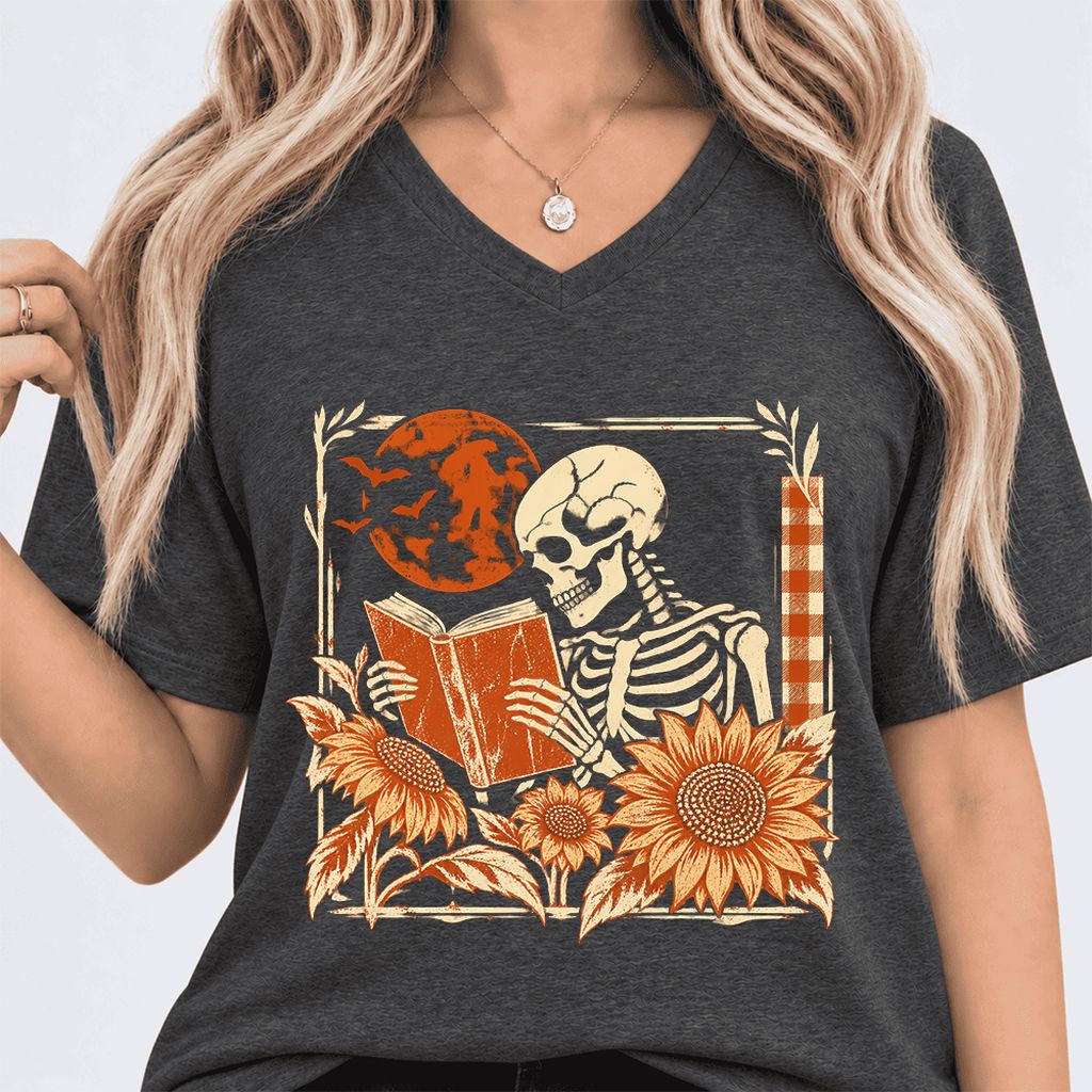 Skeleton Reading Sunflowers Ultra-Soft V-Neck | Halloween Book Lover Gift Dark Grey Heather