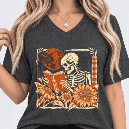 Skeleton Reading Sunflowers Ultra-Soft V-Neck | Halloween Book Lover Gift Dark Grey Heather
