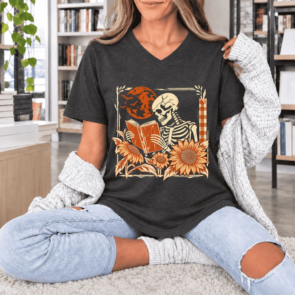 Skeleton Reading Sunflowers Ultra-Soft V-Neck | Halloween Book Lover Gift Dark Grey Heather