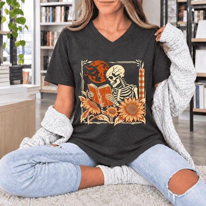 Skeleton Reading Sunflowers Ultra-Soft V-Neck | Halloween Book Lover Gift Dark Grey Heather