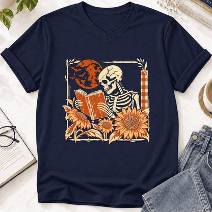 Skeleton Reading Sunflowers Ultra-Soft V-Neck | Halloween Book Lover Gift Navy