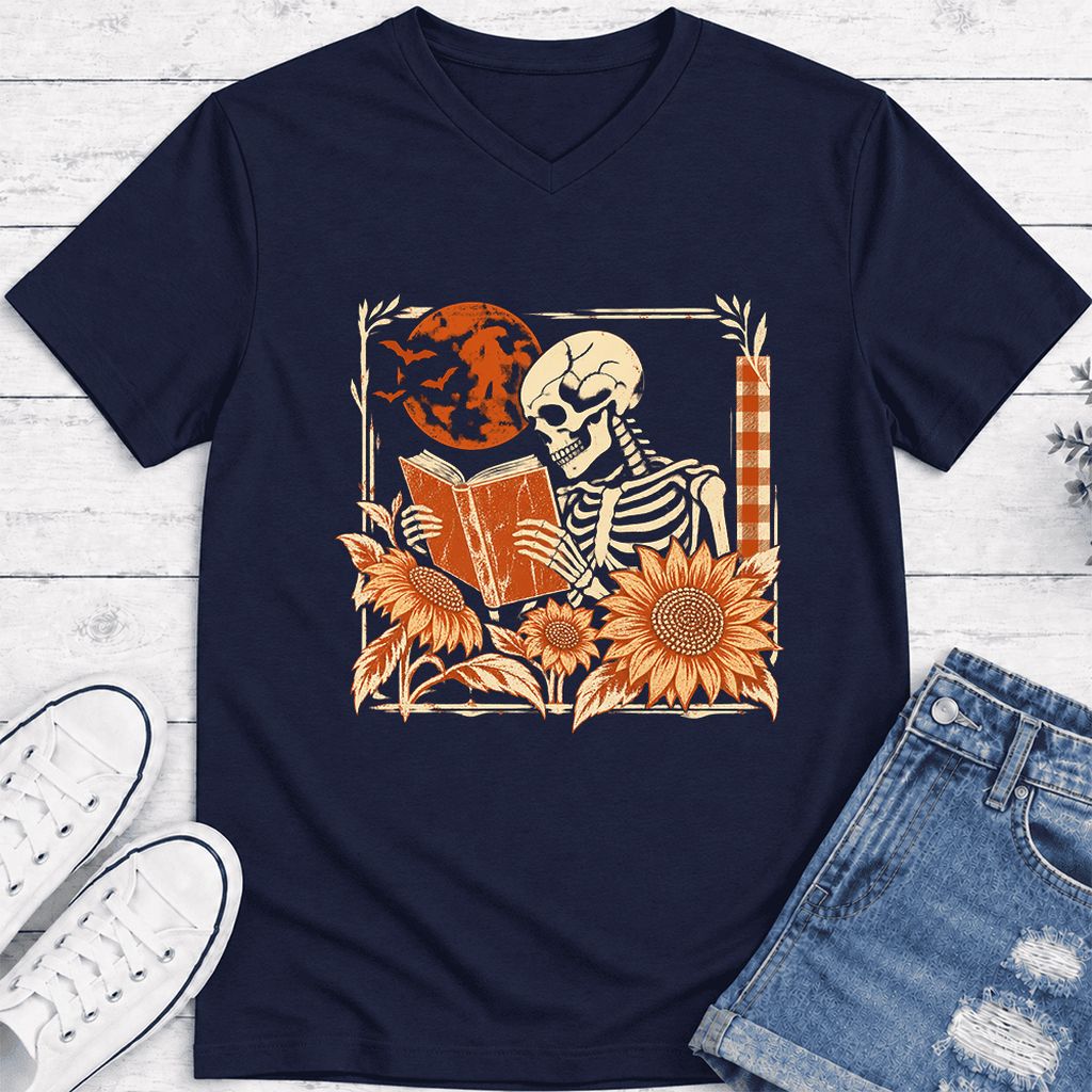 Skeleton Reading Sunflowers Ultra-Soft V-Neck | Halloween Book Lover Gift Navy