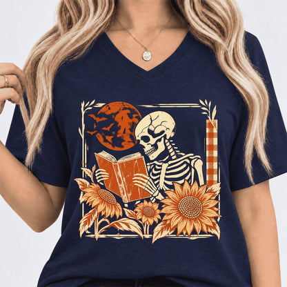 Skeleton Reading Sunflowers Ultra-Soft V-Neck | Halloween Book Lover Gift Navy