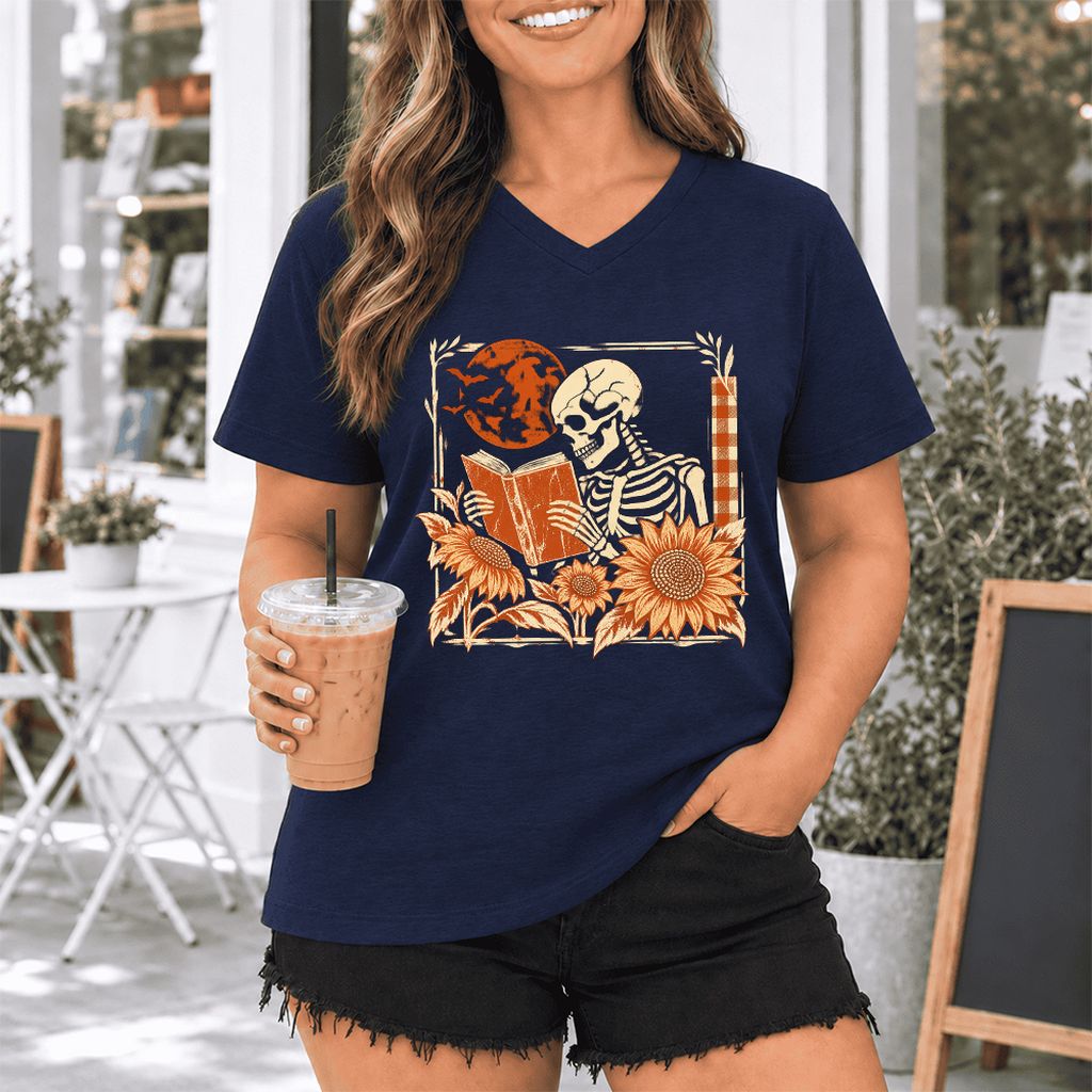 Skeleton Reading Sunflowers Ultra-Soft V-Neck | Halloween Book Lover Gift Navy