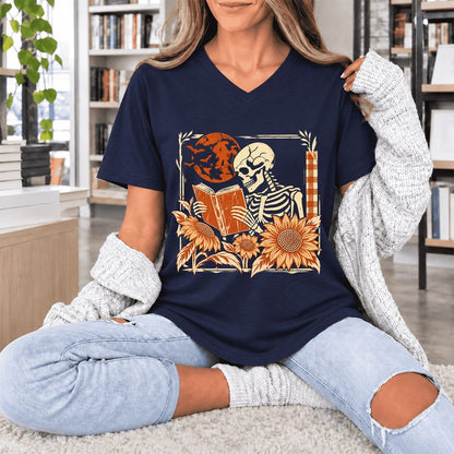 Skeleton Reading Sunflowers Ultra-Soft V-Neck | Halloween Book Lover Gift Navy