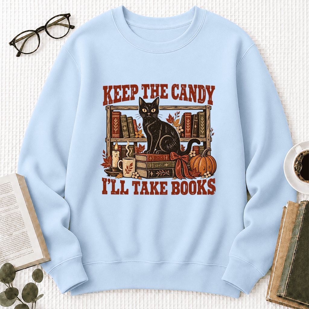 Keep The Candy I'll Take Books Crewneck Sweatshirt | Halloween Reader Gift Light Blue