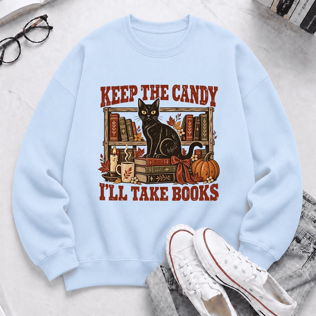 Keep The Candy I'll Take Books Crewneck Sweatshirt | Halloween Reader Gift Light Blue