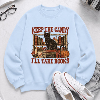 Keep The Candy I'll Take Books Crewneck Sweatshirt | Halloween Reader Gift Light Blue