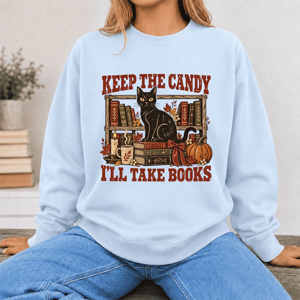 Keep The Candy I'll Take Books Crewneck Sweatshirt | Halloween Reader Gift Light Blue