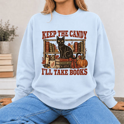 Keep The Candy I'll Take Books Crewneck Sweatshirt | Halloween Reader Gift Light Blue