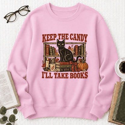 Keep The Candy I'll Take Books Crewneck Sweatshirt | Halloween Reader Gift Light Pink