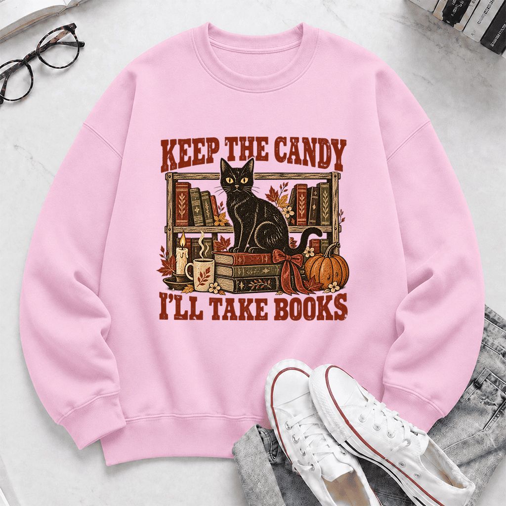 Keep The Candy I'll Take Books Crewneck Sweatshirt | Halloween Reader Gift Light Pink