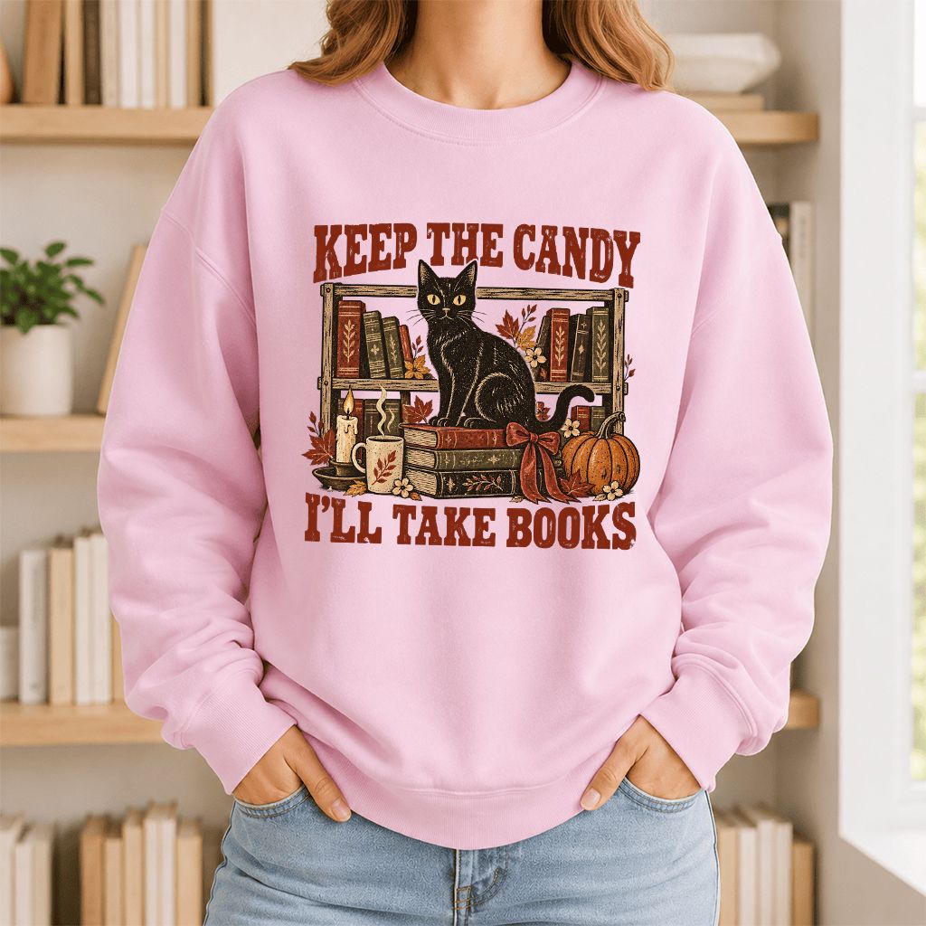 Keep The Candy I'll Take Books Crewneck Sweatshirt | Halloween Reader Gift Light Pink