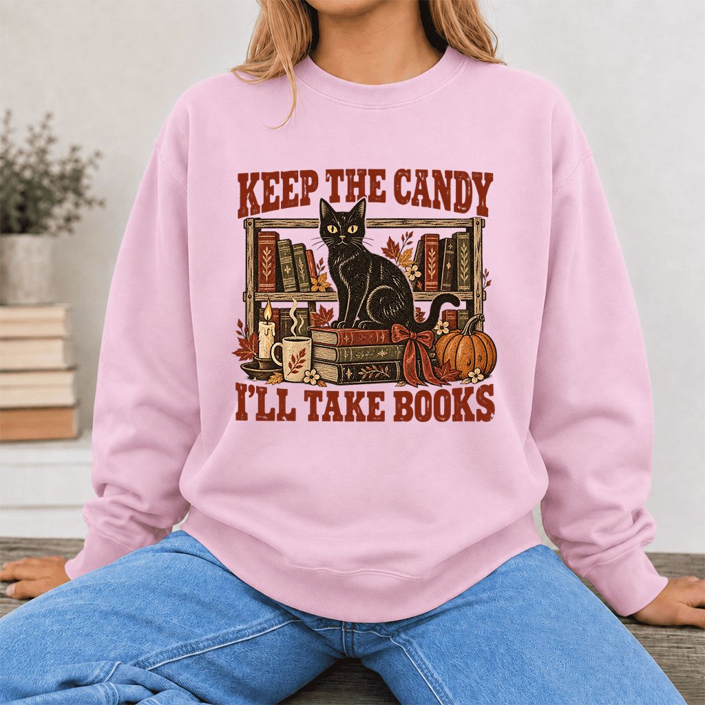 Keep The Candy I'll Take Books Crewneck Sweatshirt | Halloween Reader Gift Light Pink