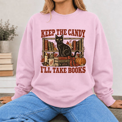 Keep The Candy I'll Take Books Crewneck Sweatshirt | Halloween Reader Gift Light Pink