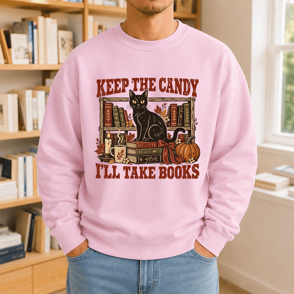 Keep The Candy I'll Take Books Crewneck Sweatshirt | Halloween Reader Gift Light Pink