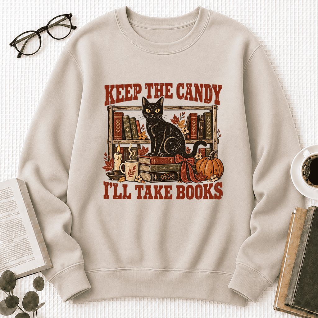 Keep The Candy I'll Take Books Crewneck Sweatshirt | Halloween Reader Gift Sand