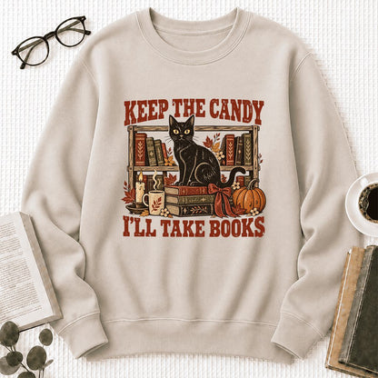 Keep The Candy I'll Take Books Crewneck Sweatshirt | Halloween Reader Gift Sand