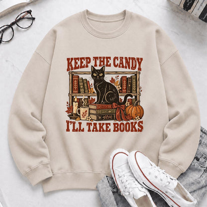 Keep The Candy I'll Take Books Crewneck Sweatshirt | Halloween Reader Gift Sand