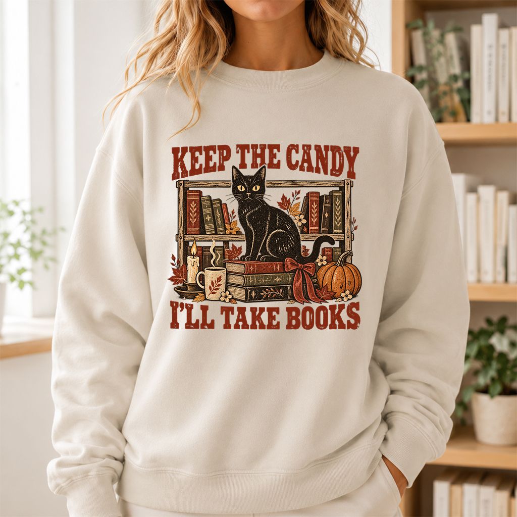 Keep The Candy I'll Take Books Crewneck Sweatshirt | Halloween Reader Gift Sand