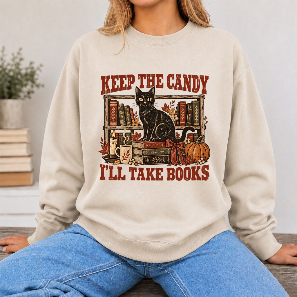 Keep The Candy I'll Take Books Crewneck Sweatshirt | Halloween Reader Gift Sand