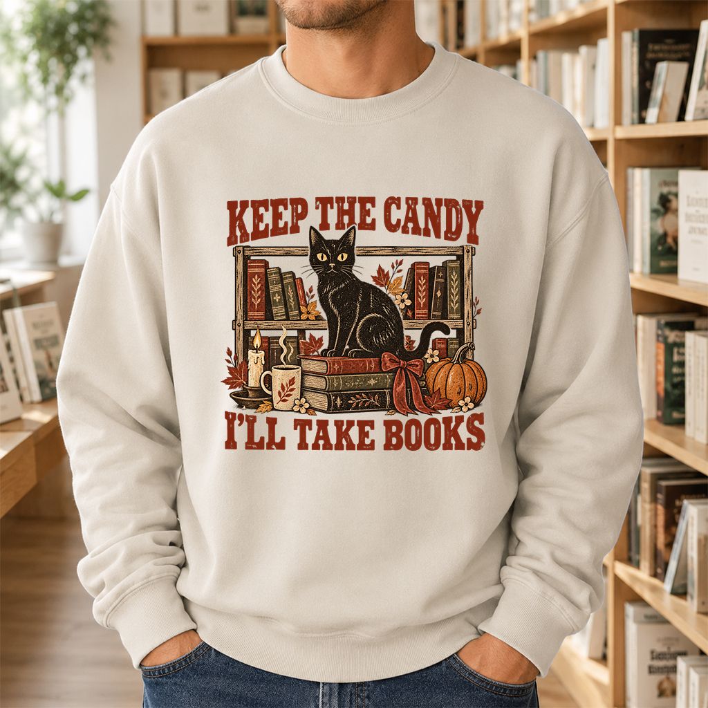Keep The Candy I'll Take Books Crewneck Sweatshirt | Halloween Reader Gift Sand