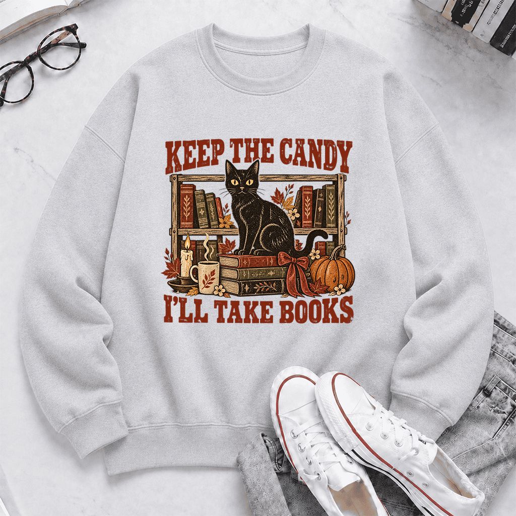 Keep The Candy I'll Take Books Crewneck Sweatshirt | Halloween Reader Gift Sport Grey
