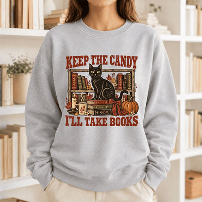 Keep The Candy I'll Take Books Crewneck Sweatshirt | Halloween Reader Gift Sport Grey