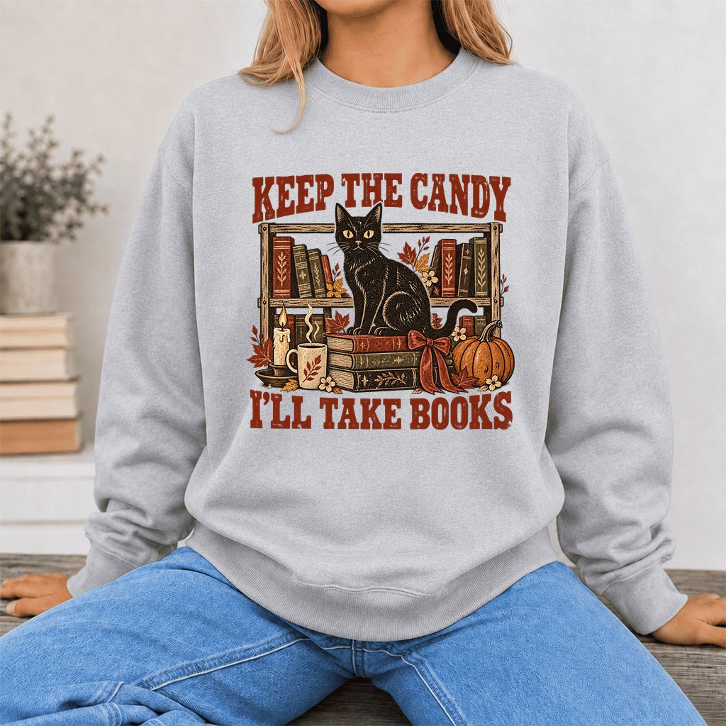 Keep The Candy I'll Take Books Crewneck Sweatshirt | Halloween Reader Gift Sport Grey