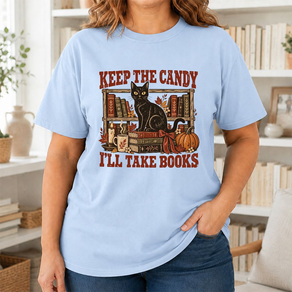 Keep The Candy I'll Take Books Printed T-Shirt | Halloween Reader Gift Light Blue