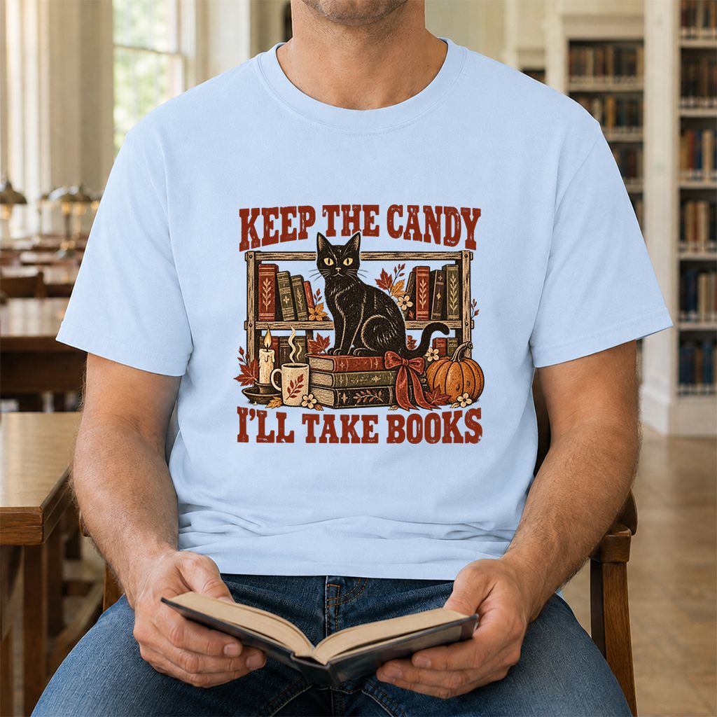 Keep The Candy I'll Take Books Printed T-Shirt | Halloween Reader Gift Light Blue