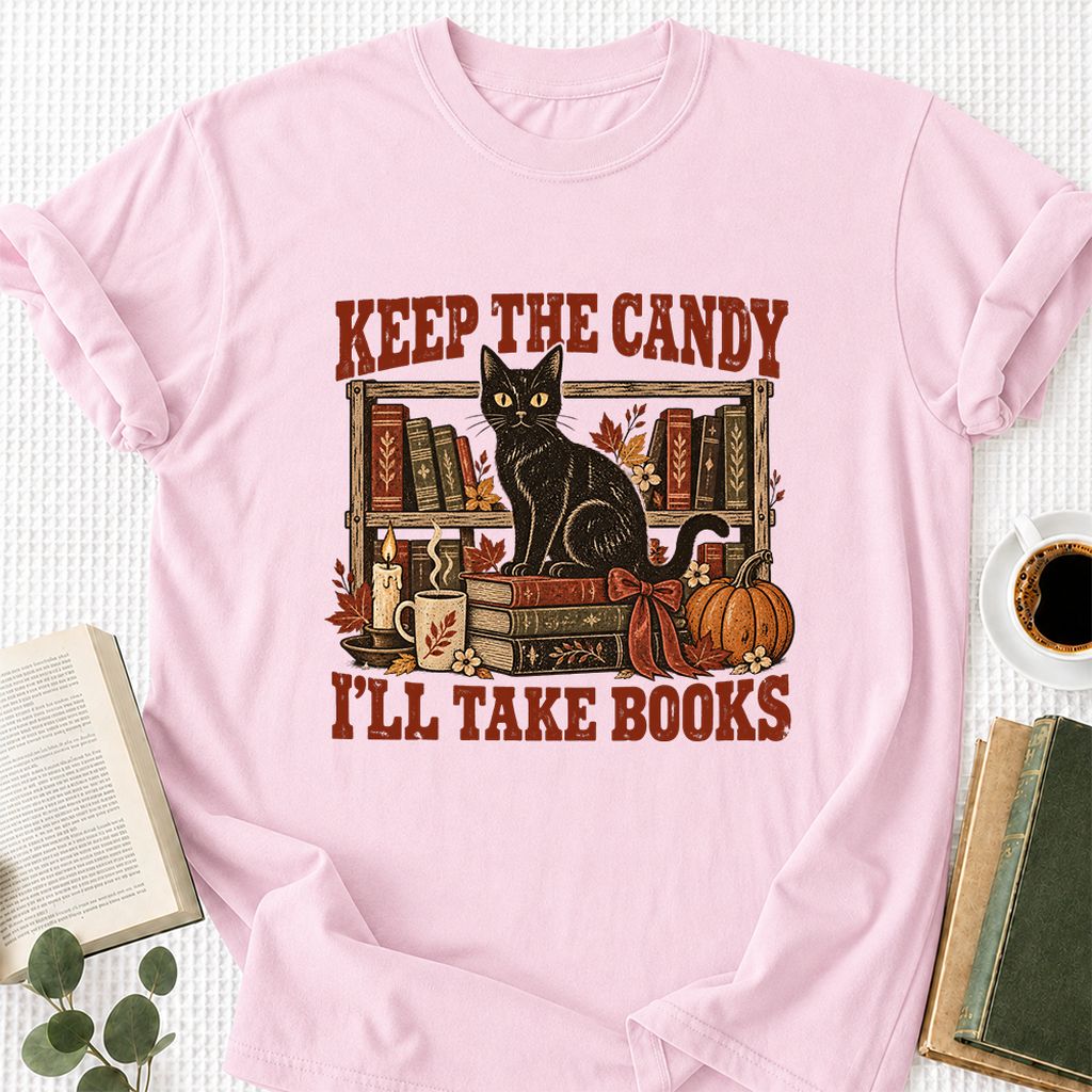 Keep The Candy I'll Take Books Printed T-Shirt | Halloween Reader Gift Light Pink