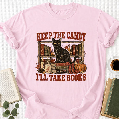 Keep The Candy I'll Take Books Printed T-Shirt | Halloween Reader Gift Light Pink