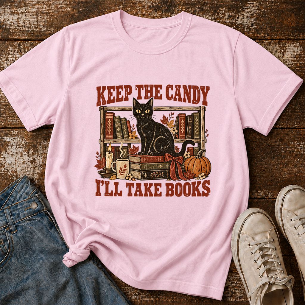 Keep The Candy I'll Take Books Printed T-Shirt | Halloween Reader Gift Light Pink
