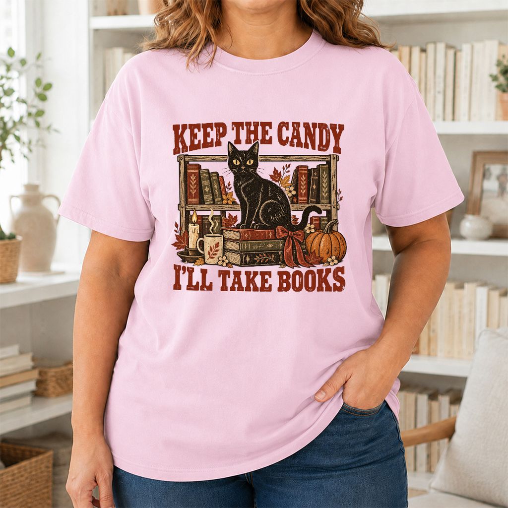 Keep The Candy I'll Take Books Printed T-Shirt | Halloween Reader Gift Light Pink