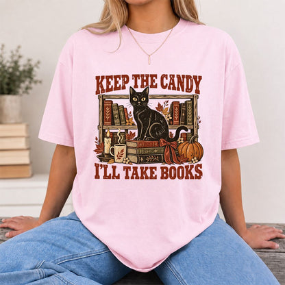 Keep The Candy I'll Take Books Printed T-Shirt | Halloween Reader Gift Light Pink