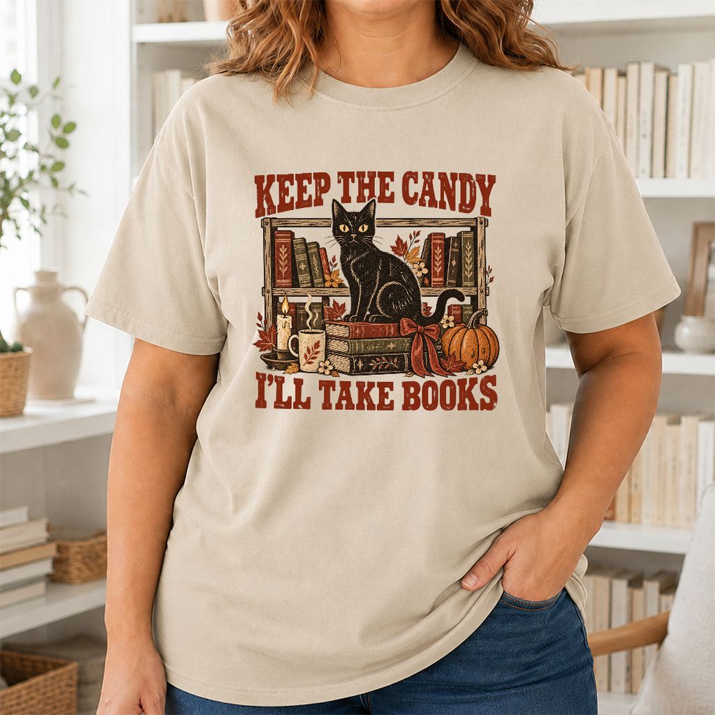 Keep The Candy I'll Take Books Printed T-Shirt | Halloween Reader Gift Sand
