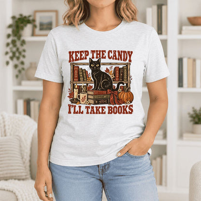 Keep The Candy I'll Take Books Ultra-Soft Cotton T-Shirt | Halloween Reader Gift Ash
