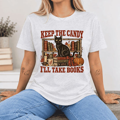 Keep The Candy I'll Take Books Ultra-Soft Cotton T-Shirt | Halloween Reader Gift Ash