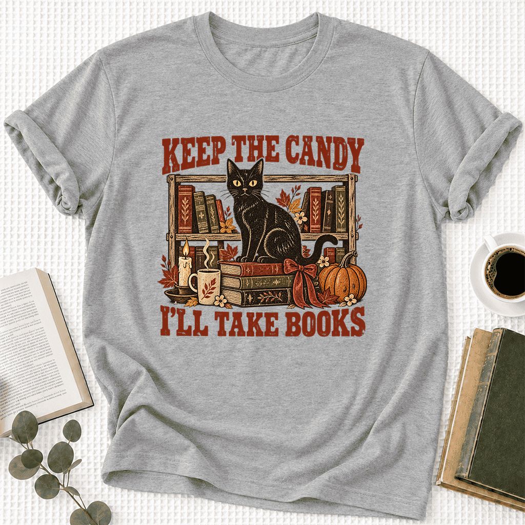 Keep The Candy I'll Take Books Ultra-Soft Cotton T-Shirt | Halloween Reader Gift Athletic Heather