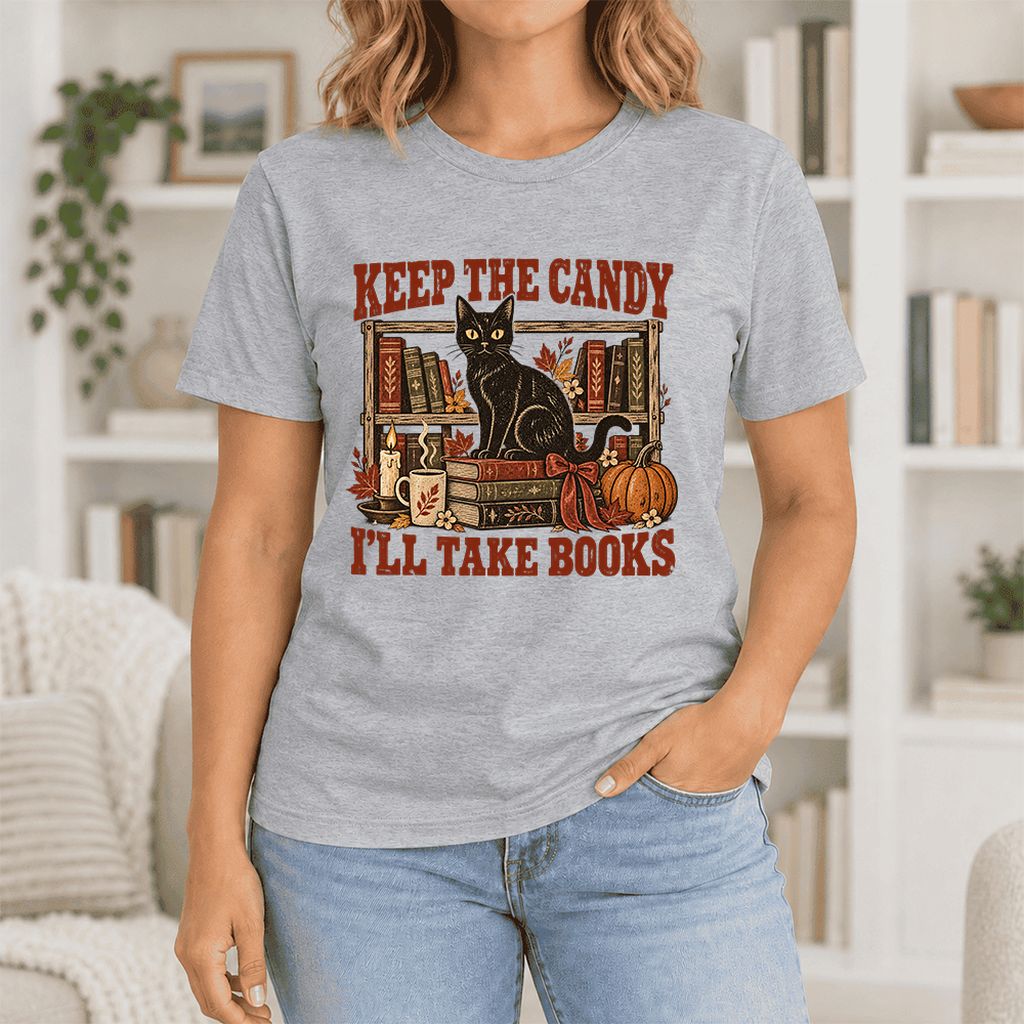 Keep The Candy I'll Take Books Ultra-Soft Cotton T-Shirt | Halloween Reader Gift Athletic Heather