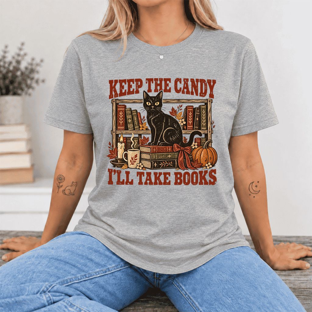 Keep The Candy I'll Take Books Ultra-Soft Cotton T-Shirt | Halloween Reader Gift Athletic Heather