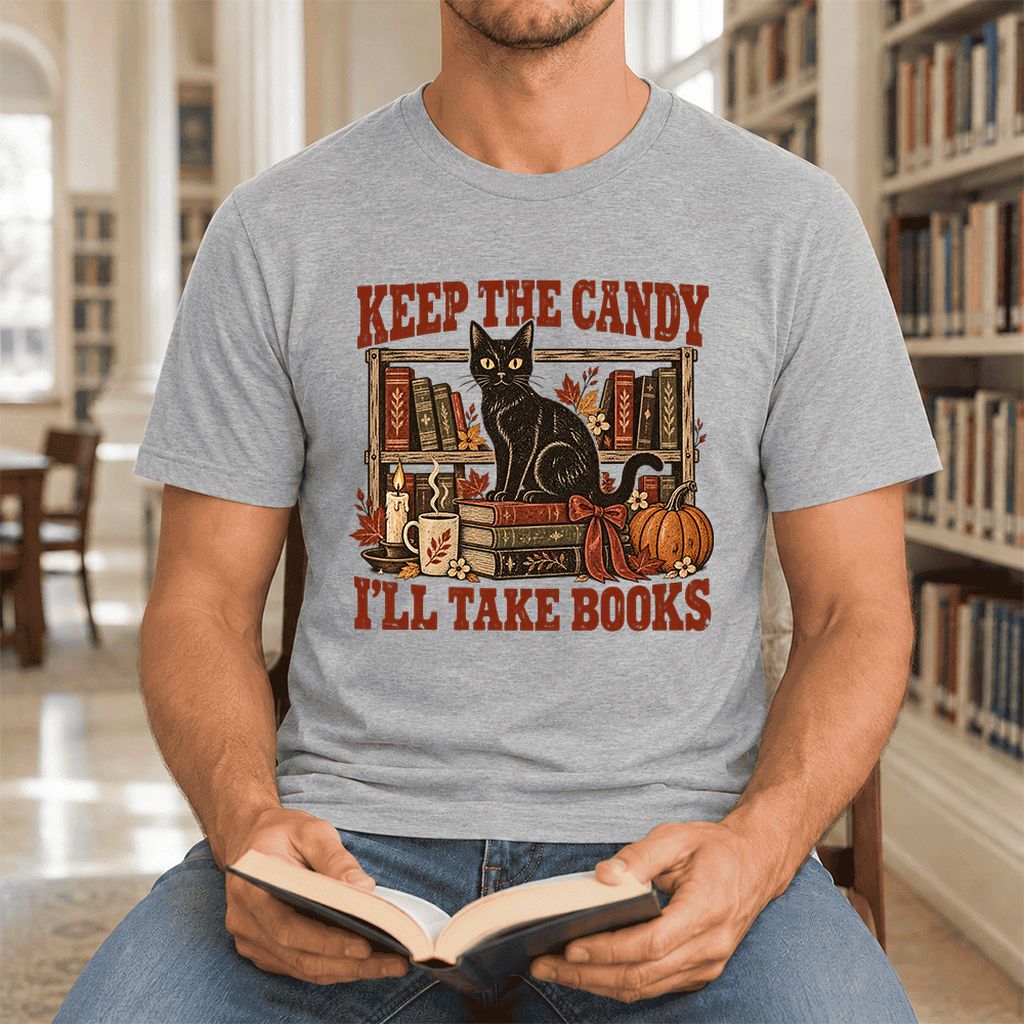 Keep The Candy I'll Take Books Ultra-Soft Cotton T-Shirt | Halloween Reader Gift Athletic Heather