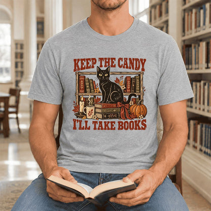 Keep The Candy I'll Take Books Ultra-Soft Cotton T-Shirt | Halloween Reader Gift Athletic Heather
